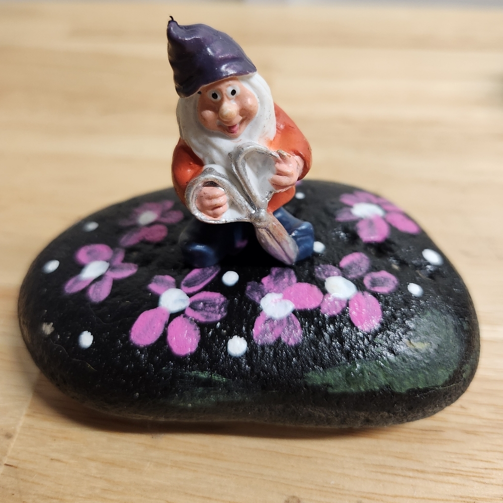 Painted Rock And Garden Gnome -  Fairy Garden -